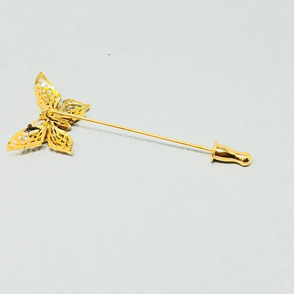 Vintage‎ Stick Pin Butterfly Filigree Long Gold Tone Lapel Classic Style